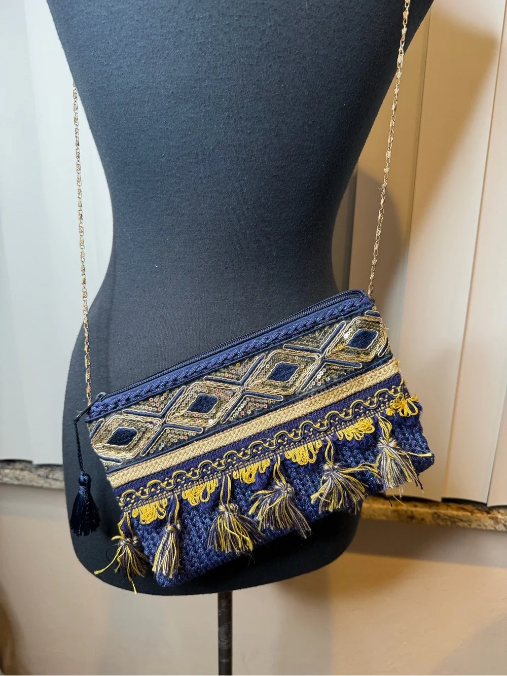 Embroidered Navy Blue Tassel Clutch with Gold Accents Gold Chain